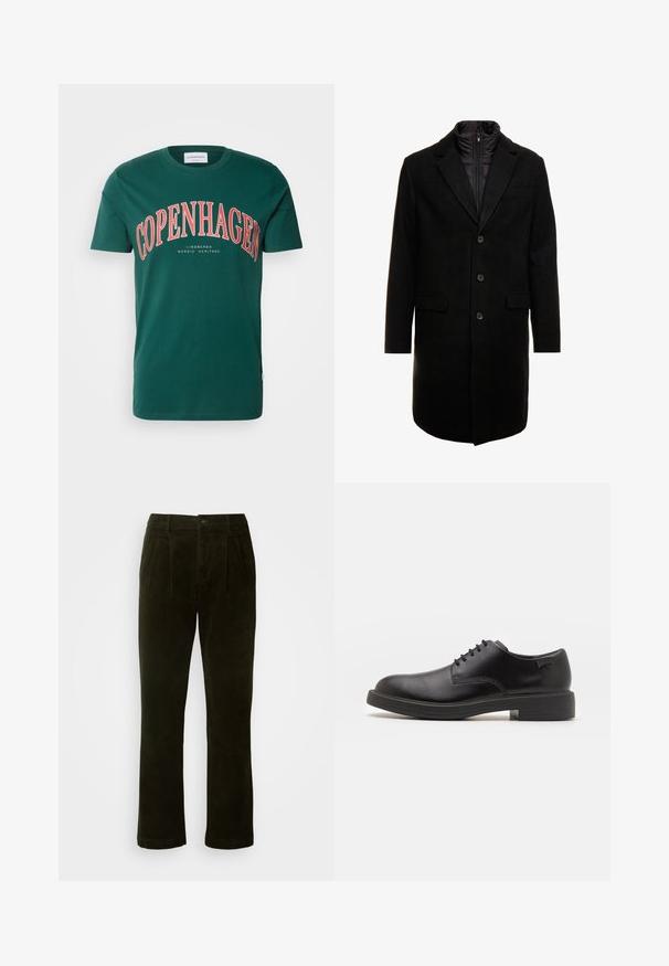 Pardessus preto em mistura de lã com um design elegante, apresentando uma camada interna isolada que pode ser colocada, três botões e dois bolsos frontais.; Sweatshirt bege de manga longa com decote redondo, feito de material macio, com punhos e barra canelados, possui uma textura suave e um design minimalista.; Lindbergh COPENHAGEN HERITAGE TEE - T-shirt estampada - dark green; Calças de corduroy verde-escuras com perna reta, apresentando pregas frontais, fecho de botão e um acabamento texturizado suave.; Sapatilha preta em couro, com atilhos, ponta arredondada, textura suave, costura mínima e um salto baixo em borracha. Logotipo no calcanhar.