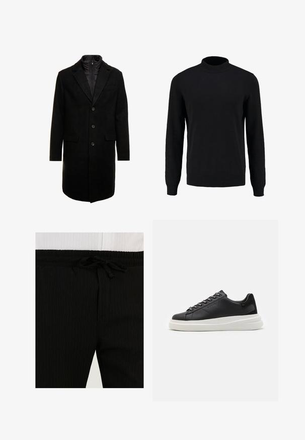 Melna vilnas maisījuma virsjakas ar elegantu dizainu, kurā ir iešūta izolēta iekšējā kārta, trīs pogas un divas priekšējās kabatas.; Melnā adīta džemperis ar augstu apkakli, garām piedurknēm un ribotiem aprocēm un apakšmalu, ar gludu tekstūru un klasisku siluetu.; Melnas ribiņas sporta bikses ar elastīgu jostasvietu un aukliņu detaļu. Audums ir mīksts ar vertikālām līnijām, radot smalku rakstu.; Melnas ādas sporta kurpes ar baltu gumijas zoli, kurām ir plakanas saites un zīmola acs. Mīksta tekstūra ar kontrastējošu sānu akcentu.