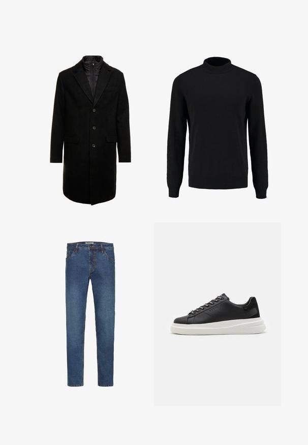 Črn volnen mešani plašč s sleek oblikovanjem, ki vključuje notranjo plast z izolacijo, tri gumbe in dva sprednja žepa.; Črna pletena pulover s visokim ovratnikom, dolgimi rokavi ter rebrastimi manšetami in robom, ki se ponaša z nemotečim teksturo in klasično silhueto.; Temno modri kavbojki s ravnim krojem, petimi žepi, vidnimi šivi in rahlo zbledelim videzom. Zapenjanje z bakrenim gumbom.; Črne usnjene teniske z belim gumijastim podplatom, ki imajo ravne vezalke in blagovno znamko na ošitih luknjah. Mehka tekstura s kontrastnim stranskim poudarkom.