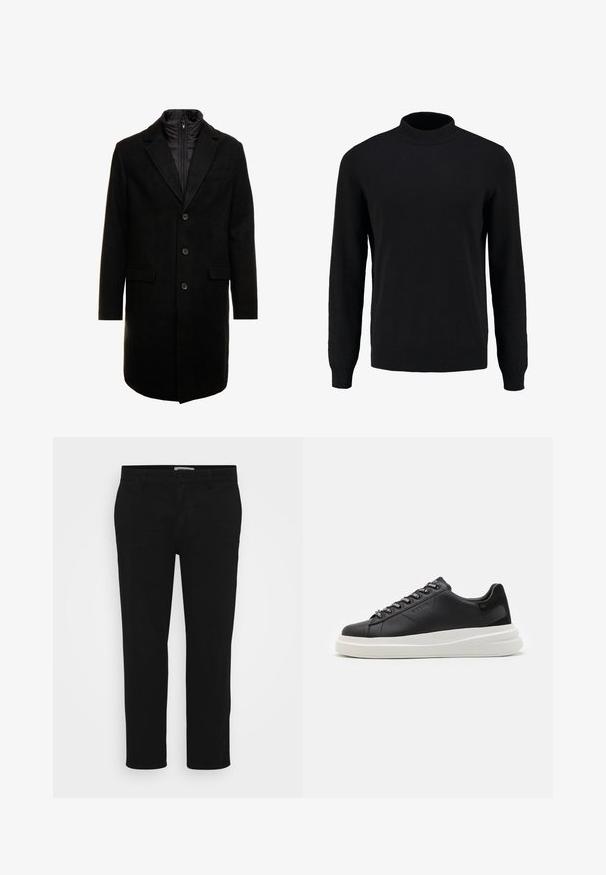 Cappotto lungo in misto lana nero dal design elegante, con uno strato interno isolato rimovibile, tre bottoni e due tasche frontali.; Maglione nero lavorato a maglia con colletto alto, maniche lunghe e polsini e orlo a costine, caratterizzato da una texture liscia e una silhouette classica.; Pantaloni in cotone neri con taglio dritto, tasche frontali, chiusura con bottone e una texture liscia e pulita. Nessun motivo o decorazione visibile.; Sneaker in pelle nera con suola in gomma bianca, dotato di lacci piatti e occhielli brandizzati. Texture morbida con un accento laterale a contrasto.