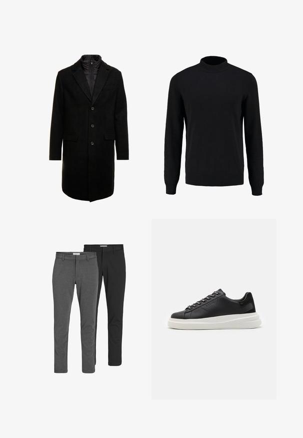 Black wool blend overcoat with a sleek design, featuring a zip-in insulated inner layer, three buttons, and two front pockets.; Black knit sweater with a high collar, long sleeves, and ribbed cuffs and hem, featuring a smooth texture and classic silhouette.; Two pairs of classic pants: one grey cotton blend, one black cotton blend. Both feature a tailored design with belt loops and a smooth finish.; Black leather sneaker with a white rubber sole, featuring flat laces and branded eyelets. Soft texture with a contrasting side accent.