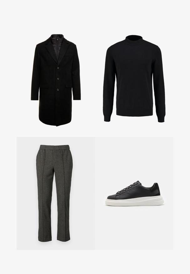 Čierny vlnený mixový kabát s elegantným dizajnom, ktorý má zasúvateľnú izolovanú vnútornú vrstvu, tri gombíky a dve predné vrecká.; Čierny pletený sveter s vysokým golierom, dlhými rukávmi a rebrovanými manžetami a spodným okrajom, s hladkou textúrou a klasickým siluetou.; Sivé upravené nohavice z textúrovaného materiálu, s elastickým pásom, rovnými nohavicami a predným pomačkaním.; Čierne kožené tenisky s bielou gumovou podrážkou, s plochými šnúrkami a brandovanými očkami. Mäkká textúra s kontrastným bočným akcentom.
