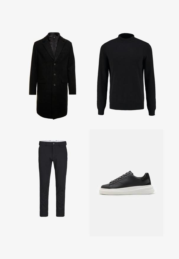 Cappotto lungo in misto lana nero dal design elegante, con uno strato interno isolato rimovibile, tre bottoni e due tasche frontali.; Maglione nero lavorato a maglia con colletto alto, maniche lunghe e polsini e orlo a costine, caratterizzato da una texture liscia e una silhouette classica.; Pantaloni neri elasticizzati con frontale liscio, passanti per cintura e chiusura con un solo bottone. Il materiale è liscio, con una vestibilità sartoriale e gambe affusolate.; Sneaker in pelle nera con suola in gomma bianca, dotato di lacci piatti e occhielli brandizzati. Texture morbida con un accento laterale a contrasto.