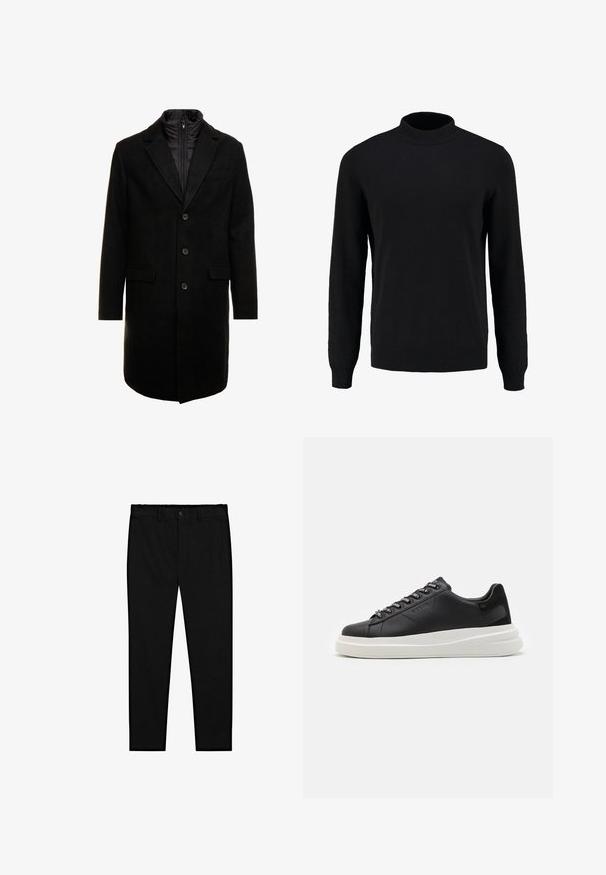 Svart ullblandad ytterrock med en stilren design, med ett zip-in isolerat innerlager, tre knappar och två framfickor.; Svart stickad tröja med hög krage, långa ärmar och ribbstickade muddkanter och fåll, med en slät textur och klassisk silhuett.; Svarta skräddarsydda byxor med knäppning, bältesömmar och smala raka ben, visade mot en vit bakgrund.; Svart lädersneaker med en vit gummisula, med platta snören och märkta öglor. Mjuk textur med en kontrasterande sidodetalj.