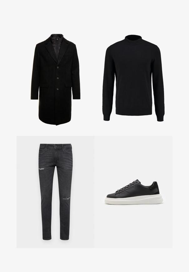 Fekete gyapjú keverékből készült overál, letisztult dizájnnal, cipzárral ellátott szigetelt belső réteggel, három gombbal és két elülső zsebből.; Fekete kötött pulóver magas nyakkal, hosszú ujjakkal, bordás mandzsettákkal és alsó résszel, sima textúrával és klasszikus sziluettel.; Fekete, vékony farmernadrág, térdnél koptatott részletekkel, öt zsebes dizájnnal, klasszikus gombos és cipzáras záródással.; Fekete bőr sportcipő fehér gumitalppal, lapos fűzőkkel és márkázott fűzőlyukakkal. Puha tapintású, kontrasztos oldali akcentussal.