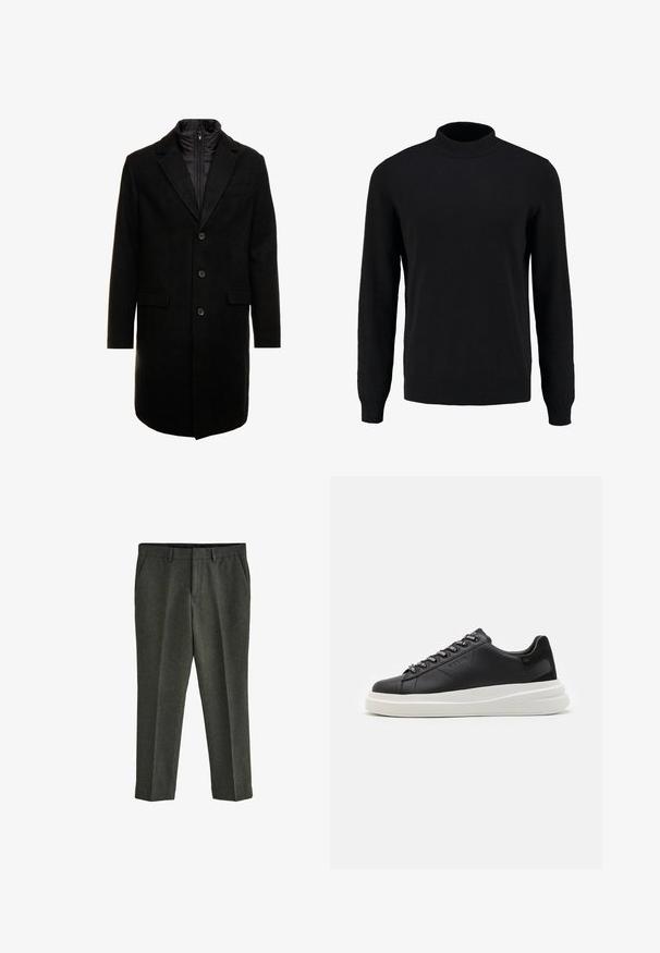 Juodas vilnos mišinio viršutinis paltas su elegantišku dizainu, turintis įsitraukiančią izoliuotą vidinę dalį, tris mygtukus ir dvi priekinės kišenes.; Juodas megztinis su aukštu apykakle, ilgomis rankovėmis ir raukšlėmis rankogaliuose bei gala, pasižymintis lygiu paviršiumi ir klasikinio silueto.; Next REGULAR FIT DONEGAL - Chino stiliaus kelnės - green; Juodos odinės sportbačiai su balta guma padanga, su plokščiomis raiščiais ir firminiais skylutėmis. Minkšta tekstūra su kontrastingu šonu akcentu.