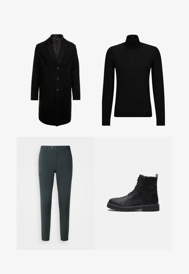 Fekete gyapjú keverékből készült overál, letisztult dizájnnal, cipzárral ellátott szigetelt belső réteggel, három gombbal és két elülső zsebből.; Fekete garbó pulóver puha anyagból, hosszú ujjakkal és szoros fazonnal. Ribbed díszítés az alján és az ujjak végén. Egyszerű dizájn.; Sötétzöld nadrág, testre szabott fazonnal, lapos elülső résszel, övbújtatókkal és egy gombos záródással. Simább textúrájú, minta nélkül.; Fekete bokacsizmák texturált felsőrésszel, fűzős elejű, erős gumitalppal és egy hátsó húzófüllel az könnyű felhúzás érdekében.