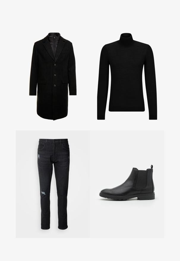 Manteau en mélange de laine noir au design élégant, doté d'une couche intérieure isolée zippée, de trois boutons et de deux poches avant.; Pull à col roulé noir en matériau doux, avec des manches longues et une coupe ajustée. Finition côtelée au bas et aux poignets. Design simple.; Jean en denim noir avec une coupe slim, comprenant deux poches avant, une seule poche arrière et des détails déchirés au niveau des genoux.; Bottines Chelsea en cuir noir avec des panneaux élastiques sur les côtés et une languette, présentant un bout arrondi et une semelle en caoutchouc texturée.