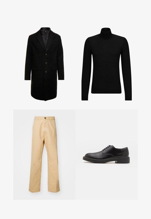 Black wool blend overcoat with a sleek design, featuring a zip-in insulated inner layer, three buttons, and two front pockets.; Black turtleneck sweater made of soft material, featuring long sleeves and a snug fit. Ribbed trim at the hem and cuffs. Simple design.; Khaki chinos with a straight leg fit, made from cotton fabric, featuring a front button closure and belt loops. Smooth texture, no pattern.; Black leather lace-up shoe with a rounded toe, smooth texture, minimal stitching, and a low rubber heel. Logo on the heel.