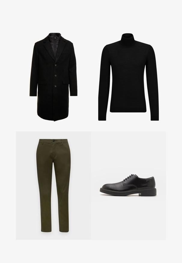 Čierny vlnený mixový kabát s elegantným dizajnom, ktorý má zasúvateľnú izolovanú vnútornú vrstvu, tri gombíky a dve predné vrecká.; Čierny rolák vyrobený z jemného materiálu, s dlhými rukávmi a tesným strihom. Hranatý lem a manžety s ribbed úpravou. Jednoduchý dizajn.; Olivové nohavice s rovnými nohavicami, vyrobené z pevného materiálu. Obsahujú predné zapínanie na gombík a štandardné vrecká.; Čierne kožené šnurovacie topánky s okrúhlou špičkou, hladkým povrchom, minimálnym prešívaním a nízkym gumovým podpätkom. Logo na podpätku.