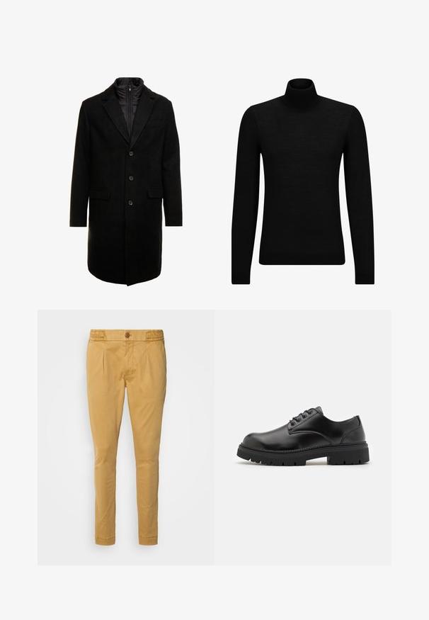 Zwarte wolblend overjas met een slank ontwerp, voorzien van een uitneembare geïsoleerde binnenlaag, drie knopen en twee voorzakken.; Zwarte coltrui van zacht materiaal, met lange mouwen en een snug fit. Geribbelde afwerking aan de onderkant en mouwen. Eenvoudig ontwerp.; Beige katoenbroek met knoopsluiting, een gladde textuur, taps toelopende pijpen en voorplooien. Ontworpen voor een getailleerde silhouet.; Zwarte leren schoenen met een ronde neus, vetersluiting en een dikke, gestructureerde rubberen zool. Kenmerken zijn stiksels langs de rand en een gladde afwerking.