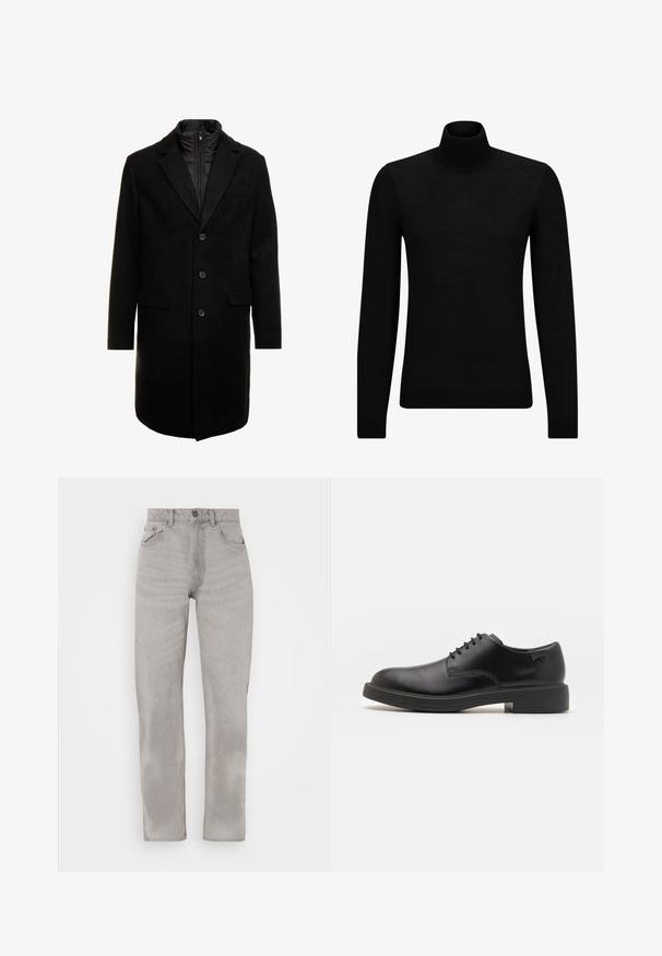 Juodas vilnos mišinio viršutinis paltas su elegantišku dizainu, turintis įsitraukiančią izoliuotą vidinę dalį, tris mygtukus ir dvi priekinės kišenes.; Juodas aukšto kaklo megztinis, pagamintas iš minkštos medžiagos, su ilgomis rankovėmis ir prigludusia forma. Su raukiniais apačioje ir rankogaliuose. Paprastas dizainas.; Pilki džinsai su tiesiomis kojomis, turintys penkias kišenes, mygtuko ir užtrauktuko uždarymą, bei subtilius nusidėvėjimo akcentus visame gaminyje.; Juodas odinis batų modelis su raišteliais, apvaliu nosiu, lygiu paviršiumi, minimaliai siuvinėjimu ir žemu guminėmis pakulne. Ant pakulnės šalia logo.
