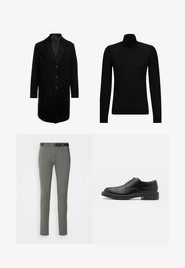 Črn volnen mešani plašč s sleek oblikovanjem, ki vključuje notranjo plast z izolacijo, tri gumbe in dva sprednja žepa.; Črna turtleneck pulover iz mehkega materiala, z dolgimi rokavi in tesnim prileganjem. R ibana obroba na robu in rokavih. Preprosta zasnova.; Sive bombažne chinos hlače z ozkim krojem, ki imajo črn pas, dve stranski žep in preprost dizajn. Mehka tekstura brez vidnih vzorcev.; Črne usnjene čipkaste čevlje z zaobljenim nosom, gladko teksturo, minimalnim šitjem in nizkim gumijastim peto. Logo na peti.