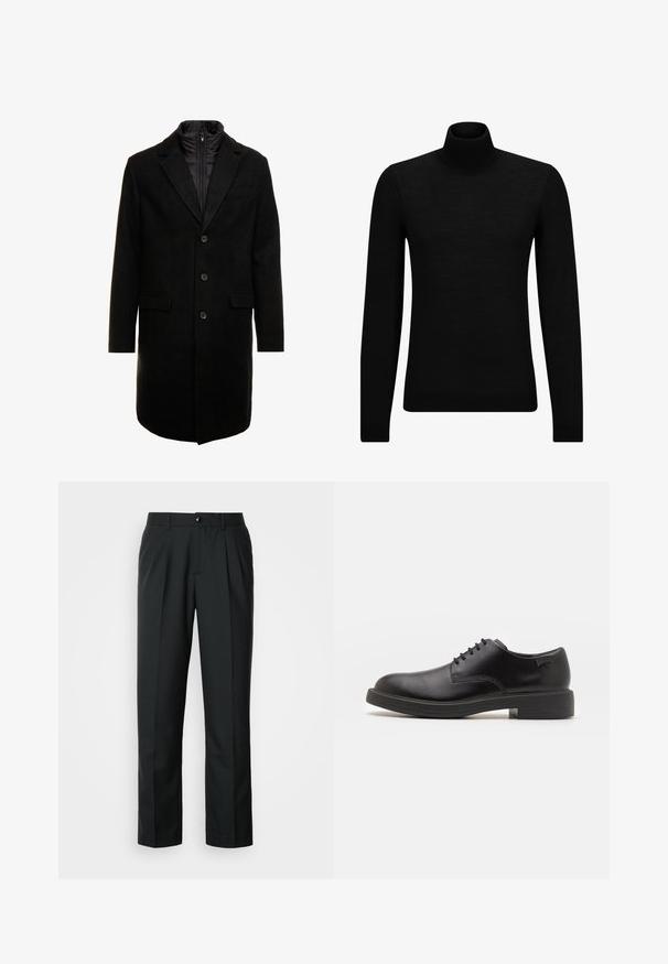 Melna vilnas maisījuma virsjakas ar elegantu dizainu, kurā ir iešūta izolēta iekšējā kārta, trīs pogas un divas priekšējās kabatas.; Melnā augstā kakla džemperis, kas izgatavots no mīksta materiāla, ar garām piedurknēm un pieguļušu piegriezumu. Ribota apdare ap apakšu un piedurknēm. Vienkāršs dizains.; Melnas plisētas bikses ar gludu tekstūru, taisnu griezumu un vienu priekšējo pogu. Iezīmē klasisku, pielāgotu dizainu.; Melna āda sašūta kurpe ar noapaļotu purngalu, gludu tekstūru, minimālu šuvju skaitu un zemu gumijas papēdi. Logo uz papēža.
