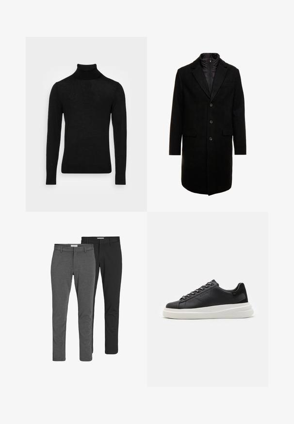 Cappotto lungo in misto lana nero dal design elegante, con uno strato interno isolato rimovibile, tre bottoni e due tasche frontali.; Maglione a dolcevita nero realizzato in morbido tessuto a maglia. Presenta maniche lunghe e un design aderente, con un branding minimalista sul petto.; Due coppie di pantaloni classici: una in misto cotone grigio e l'altra in misto cotone nero. Entrambi presentano un design su misura con passanti per cintura e una finitura liscia.; Sneaker in pelle nera con suola in gomma bianca, dotato di lacci piatti e occhielli brandizzati. Texture morbida con un accento laterale a contrasto.