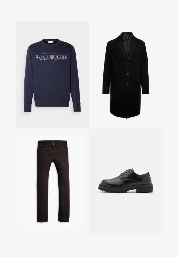 Fekete gyapjú keverékből készült overál, letisztult dizájnnal, cipzárral ellátott szigetelt belső réteggel, három gombbal és két elülső zsebből.; Tengerészkék pulóver kerek nyakkivágással. Fehér szöveggel és grafikával rendelkezik, "GANT 1949" felirattal és pajzs emblémával. Hosszú ujjak és bordázott mandzsetták.; Fekete, slim fit farmernadrág öt zsebbel és gombos záródással, síkban elhelyezve egy fehér háttéren.; Fekete bőrcipő, lekerekített orral, fűzős kialakítással és vastag, texturált gumitalppal. Az élek mentén varrás található, és sima felülete van.