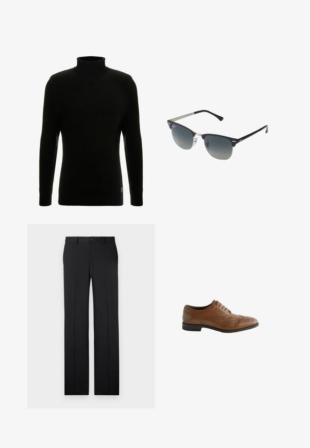 Black wool blend overcoat with a sleek design, featuring a zip-in insulated inner layer, three buttons, and two front pockets.; Black turtleneck sweater with long sleeves, ribbed texture, fitted silhouette, and small brand tag at the bottom left.; Pack of three t-shirts: one black and two white. Each has a crew neck, short sleeves, and is made of smooth cotton fabric.; Black, tailored pants with a straight leg cut, smooth fabric, front creases, and a single button closure at the waist.; Brown leather dress shoe with intricate broguing details, round toe, and flat heel. Features five lace eyelets and a smooth texture.; Black and silver sunglasses with a cat-eye shape, gradient lenses, and metallic accents on the frame. Plastic arms with grey tips.