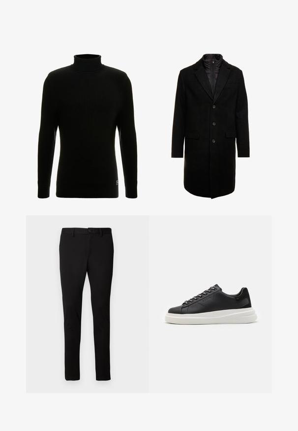 Black wool blend overcoat with a sleek design, featuring a zip-in insulated inner layer, three buttons, and two front pockets.; Black turtleneck sweater with long sleeves, ribbed texture, fitted silhouette, and small brand tag at the bottom left.; Black slim-fit trousers with belt loops, front button, and zipper closure, displayed on a plain light background.; Black leather sneaker with a white rubber sole, featuring flat laces and branded eyelets. Soft texture with a contrasting side accent.