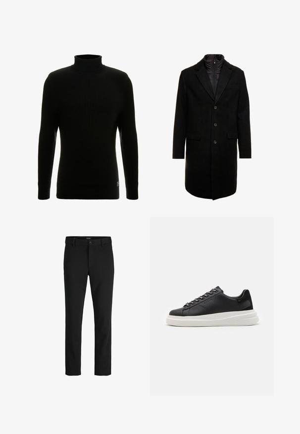 Must värviline villasegu mantlit, millel on sujuv disain, varustatud lülitatava isoleeritud sisemise kihiga, kolme nupukese ja kahe eesmine taskuga.; Mustamugane kõrge kaelusega sviiter, pikkade varrukatega, soonikuline tekstuur, liibuv siluett ja väike brändi silt all vasakul.; Mustad püksid, mis on valmistatud libisevast kangast, klassikalise kujundusega, sirge lõikega, esise nupuga ja küljetaskutega.; Mustmustest musta nahkistsneaker, millel on valge kummist tald, sirged paelad ja bränditud silmad. Pehme tekstuur kontrastse küljeaktsendiga.