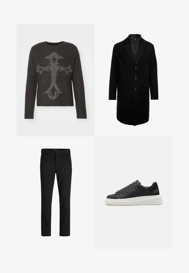 Palton dintr-un amestec de lână negru, cu un design elegant, având un strat interior izolat care se poate atașa cu fermoar, trei butoane și două buzunare frontale.; Pulover gri închis cu mâneci lungi, decolteu rotund și textură pufoasă. Prezintă un model mare, stilizat de cruce într-o nuanță mai deschisă de gri.; Pantaloni negri dintr-un material sleek, cu un design clasic, croială dreaptă, închidere frontală cu nasture și buzunare laterale.; Sneaker din piele neagră cu o talpă din cauciuc alb, cu șireturi plate și eyelets marcate. Textură moale cu un accent lateral contrastant.