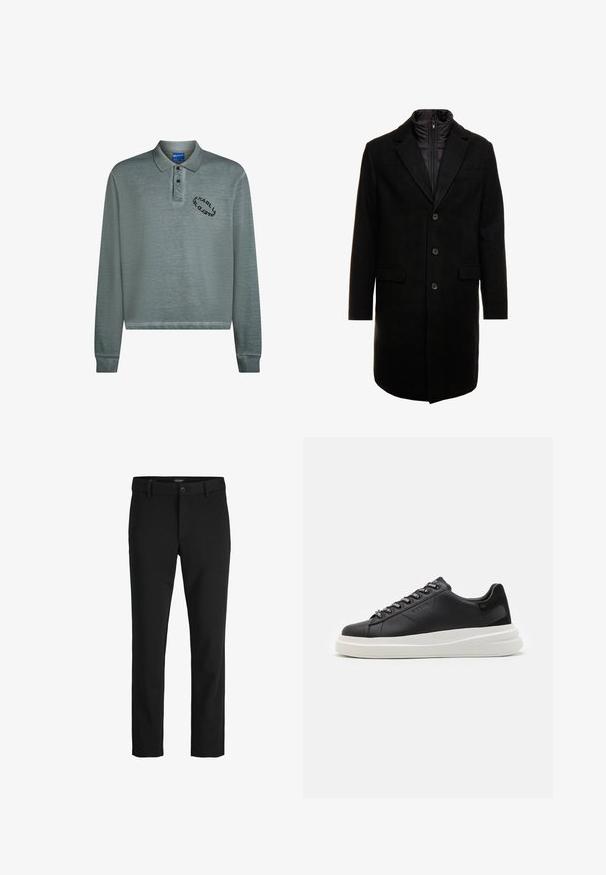Abrigo de lana negro con un diseño elegante, que cuenta con una capa interna aislante desmontable, tres botones y dos bolsillos frontales.; Polo de manga larga en azul verdoso apagado, con cuello y puños acanalados. Bordado del logo en negro en el pecho. Tejido suave y texturizado.; Pantalones negros hechos de una tela elegante, con un diseño clásico, corte recto, cierre frontal con botón y bolsillos laterales.; Zapatilla de cuero negra con suela de goma blanca, con cordones planos y ojales de marca. Textura suave con un acento lateral contrastante.