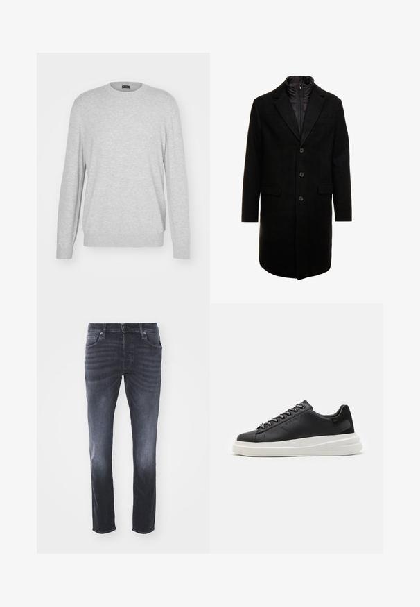 Fekete gyapjú keverékből készült overál, letisztult dizájnnal, cipzárral ellátott szigetelt belső réteggel, három gombbal és két elülső zsebből.; GAP CASHSOFT CREW - Pulóver - mottled grey; Sötétszürke farmernadrág klasszikus egyenes szárú fazonnal, elülső zsebekkel, cipzáras felső résszel és gombos zárással, valamint enyhe kopással.; Fekete bőr sportcipő fehér gumitalppal, lapos fűzőkkel és márkázott fűzőlyukakkal. Puha tapintású, kontrasztos oldali akcentussal.