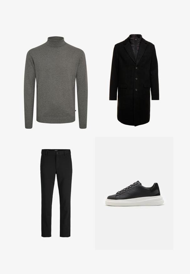 Czarny płaszcz wełniany o eleganckim fasonie, z ocieplaną wkładką na zamek, trzema guzikami i dwiema przednimi kieszeniami.; Szary golf wykonany z miękkiego dzianinowego materiału. Posiada dopasowany kołnierz oraz długie rękawy z prążkowanymi mankietami i ściągaczem na dole.; Czarne spodnie uszyte z gładkiego materiału, o klasycznym kroju, prostym fasonie, z zapięciem na guzik z przodu i kieszeniami bocznymi.; Czarne skórzane trampki z białą gumową podeszwą, z płaskimi sznurowadłami i logo w oczkach. Miękka tekstura z kontrastowym akcentem bocznym.