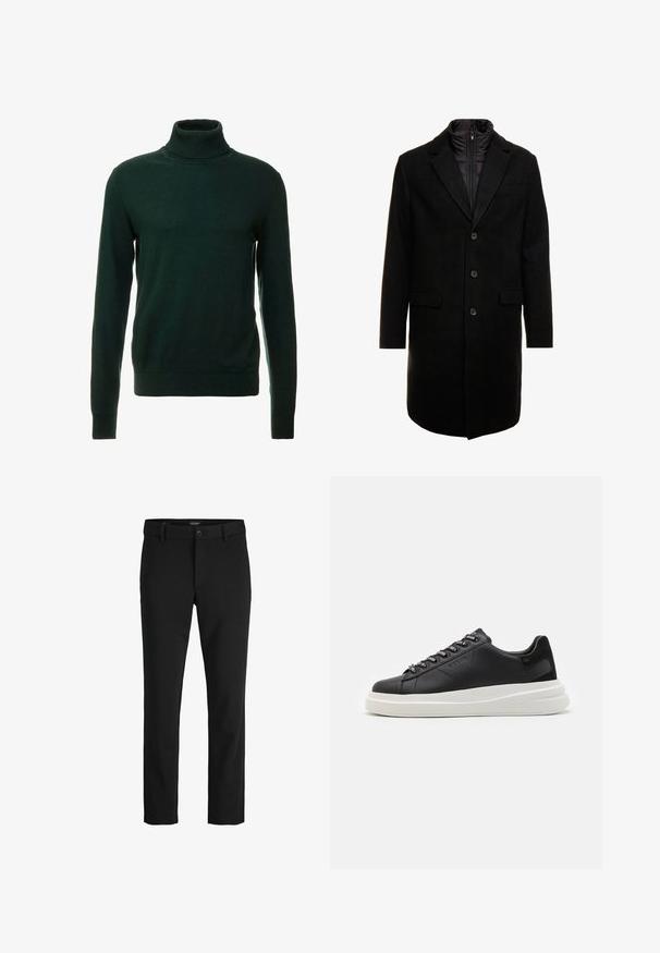 Juodas vilnos mišinio viršutinis paltas su elegantišku dizainu, turintis įsitraukiančią izoliuotą vidinę dalį, tris mygtukus ir dvi priekinės kišenes.; Tamsiai žalia golfo megztinis, pagamintas iš lygaus mezgimo audinio. Su ilgomis rankovėmis ir prigludusia apykakle. Klasikinis dizainas, be raštų.; Juodos kelnės, pagamintos iš švelnaus audinio, pasižyminčios klasikiniu dizainu, tiesiu kirpimu, priekiniais mygtukais ir šoninėmis kišenėmis.; Juodos odinės sportbačiai su balta guma padanga, su plokščiomis raiščiais ir firminiais skylutėmis. Minkšta tekstūra su kontrastingu šonu akcentu.