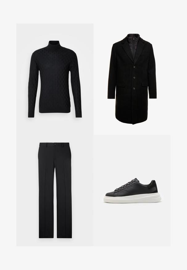 Black wool blend overcoat with a sleek design, featuring a zip-in insulated inner layer, three buttons, and two front pockets.; Black turtleneck sweater with a textured diamond pattern, made from knit material, featuring long sleeves and a fitted silhouette.; Pack of three t-shirts: one black and two white. Each has a crew neck, short sleeves, and is made of smooth cotton fabric.; Black, tailored pants with a straight leg cut, smooth fabric, front creases, and a single button closure at the waist.; Black leather sneaker with a white rubber sole, featuring flat laces and branded eyelets. Soft texture with a contrasting side accent.