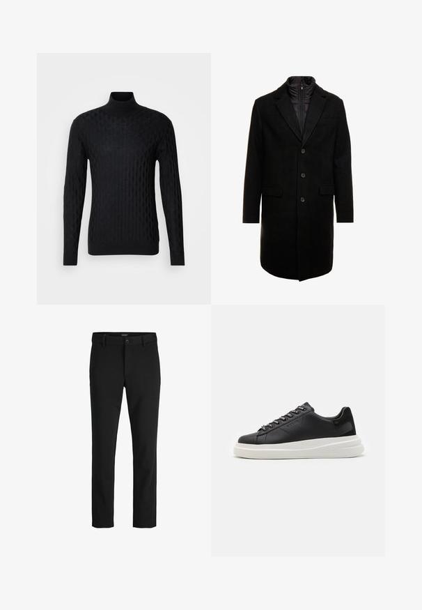 Black wool blend overcoat with a sleek design, featuring a zip-in insulated inner layer, three buttons, and two front pockets.; Black turtleneck sweater with a textured diamond pattern, made from knit material, featuring long sleeves and a fitted silhouette.; Black trousers made of sleek fabric, featuring a classic design, straight cut, front button closure, and side pockets.; Black leather sneaker with a white rubber sole, featuring flat laces and branded eyelets. Soft texture with a contrasting side accent.