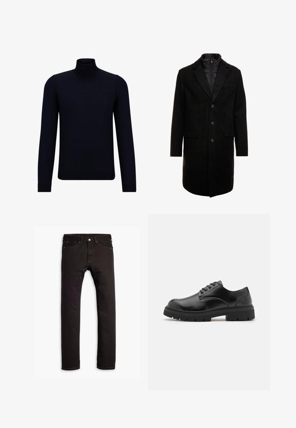 Svart ullblandingsfrakk med et elegant design, som har et avtagbart isolert innerlag, tre knapper og to frontlommer.; Mørk marineblå turtleneck genser laget av finstrikket stoff, med lange ermer og en tettsittende, høy hals. Ingen synlige mønstre eller detaljer.; Sorte slim-fit jeans med fem lommer og knaplukning, vist fladt på en hvid baggrund.; Sorte lær sko med rund tå, snøring og en tykk, teksturert gummisåle. Har søm langs kanten og en glatt overflate.