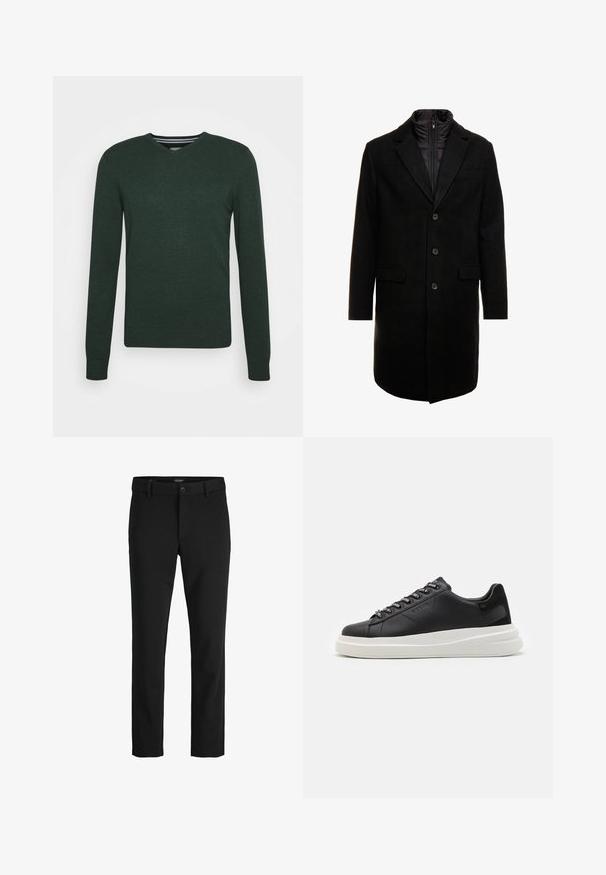 Schwarzer Wollmischung-Übermantel mit sleekem Design, ausgestattet mit einer herausnehmbaren isolierten Innenschicht, drei Knöpfen und zwei Fronttaschen.; Dunkelgrüner V-Ausschnitt-Pullover. Hergestellt aus Strickmaterial mit langen Ärmeln, gerippten Bündchen und einem geraden Saum. Verfügt über eine dezente, strukturierte Oberfläche.; Schwarze Hosen aus glattem Stoff, mit klassischem Design, geradem Schnitt, vorderer Knopfverschluss und seitlichen Taschen.; Schwarze Ledersneaker mit einer weißen Gummisohle, ausgestattet mit flachen Schnürsenkeln und markierten Ösen. Weiche Textur mit einem kontrastierenden Seitenakzent.