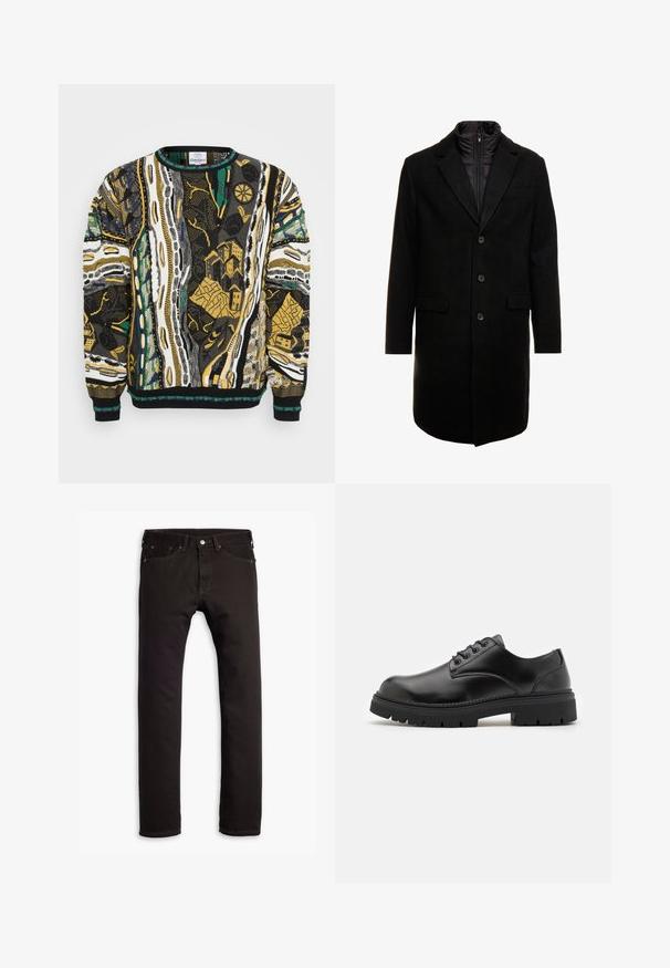 Manteau en mélange de laine noir au design élégant, doté d'une couche intérieure isolée zippée, de trois boutons et de deux poches avant.; Pull en tricot présentant des motifs abstraits vibrants en noir, blanc, jaune et vert. Encolure ronde et bords-côtes viennent compléter le design.; Jean slim noir avec cinq poches et fermeture à bouton, présenté à plat sur un fond blanc.; Chaussures en cuir noir avec un bout rond, un laçage et une semelle en caoutchouc épaisse et texturée. Présente des coutures le long du bord et une finition lisse.