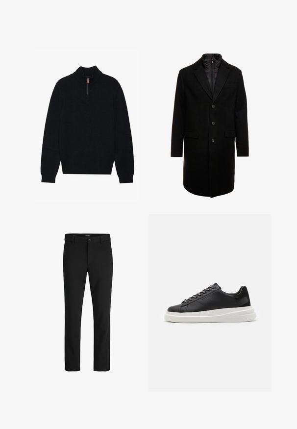 Manteau en mélange de laine noir au design élégant, doté d'une couche intérieure isolée zippée, de trois boutons et de deux poches avant.; Pull noir à col haut et fermeture éclair demi-zippée, fabriqué à partir d'un tissu doux et texturé. Présente des poignets et un ourlet côtelés.; Pantalon noir en tissu lisse, avec un design classique, une coupe droite, une fermeture par bouton à l'avant et des poches latérales.; Baskets en cuir noir avec une semelle en caoutchouc blanc, dotées de lacets plats et d'œillets marqués. Texture douce avec un accent contrastant sur le côté.