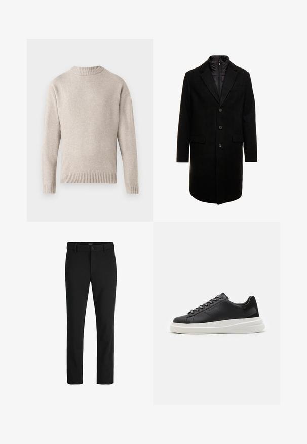 Mustan villasekoitteinen päällystakki, jossa on tyylikäs muotoilu, vuorattu irrotettavalla lämpökerroksella, kolme nappia ja kaksi etulokeroa.; Vaahto beige neulepaita, jossa on pyöreä kaula-aukko, resorikohdat hihoissa ja helman reunassa, sekä pehmeä rakenne. Ominaisuuksina rento malli ja pitkät hihat.; Mustat housut, jotka on valmistettu sileästä kankaasta, klassisella designilla, suoralla leikkauksella, etunapin suljennalla ja sivutaskuilla.; Musta nahkakengät valkoisella kumipohjalla, joissa on tasaiset nauhat ja brändätyt rei'itykset. Pehmeä pinta, jossa on erottuva sivusärmä.