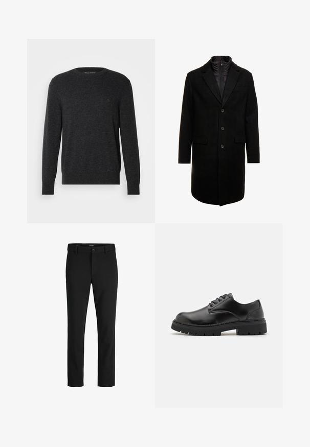 Schwarzer Wollmischung-Übermantel mit sleekem Design, ausgestattet mit einer herausnehmbaren isolierten Innenschicht, drei Knöpfen und zwei Fronttaschen.; Marc O'Polo CREWNECK - Strickpullover - dark grey melange; Schwarze Hosen aus glattem Stoff, mit klassischem Design, geradem Schnitt, vorderer Knopfverschluss und seitlichen Taschen.; Schwarze Lederschuhe mit runder Zehenform, Schnürdesign und einer dicken, strukturierten Gummisohle. Sie verfügen über eine Naht entlang des Randes und haben eine glatte Oberfläche.