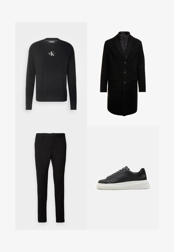 Black wool blend overcoat with a sleek design, featuring a zip-in insulated inner layer, three buttons, and two front pockets.; Black knitted sweater with a crew neck, featuring ribbed cuffs and hem. The front displays a white Calvin Klein Jeans logo.; Three long-sleeve turtlenecks in dark gray, white, and black. Made of soft fabric with ribbed turtleneck design and fitted sleeves.; Black slim-fit trousers with belt loops, front button, and zipper closure, displayed on a plain light background.; Black leather sneaker with a white rubber sole, featuring flat laces and branded eyelets. Soft texture with a contrasting side accent.