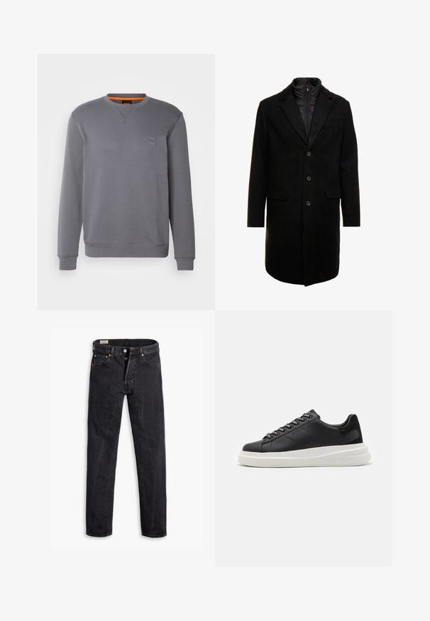 Fekete gyapjú keverékből készült overál, letisztult dizájnnal, cipzárral ellátott szigetelt belső réteggel, három gombbal és két elülső zsebből.; BOSS WESTART - Melegítőfelső - dark grey; Fekete farmernadrág egyenes szabásban. Öt zseb található rajta, két elülső gombzáras kialakítással és finoman kontrasztos varrással. Matt felület.; Fekete bőr sportcipő fehér gumitalppal, lapos fűzőkkel és márkázott fűzőlyukakkal. Puha tapintású, kontrasztos oldali akcentussal.