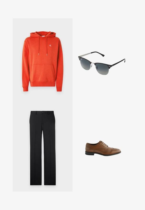 Crni kaput od vune s mješavinom, elegantnog dizajna, s odvojivim izoliranim unutarnjim slojem, tri gumba i dva prednja džepa.; Crvena pamučna dukserica s prednjim džepom, kapuljačom s vezicom i malim izvezenim logotipom na prsima. Mekana tekstura i rebrasti rukavi.; Paket od tri majice: jedna crna i dvije bijele. Svaka ima okrugli izrez, kratke rukave i izrađena je od glatkog pamučnog materijala.; Crne, krojene hlače ravnog kroja, od glatke tkanine, s prednjim pregibima i jednim dugmetom za zatvaranje u struku.; Smešane smeđe kožne cipele s elegantnim broguing detaljima, okruglim nosom i ravnim đonom. Ima pet rupa za vezivanje i glatku teksturu.; Crne i srebrne sunčane naočale s oblikom mačjih očiju, lećama s gradijentom i metalnim detaljima na okviru. Plastične ručke s sivim vrhovima.