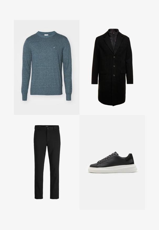 Cappotto lungo in misto lana nero dal design elegante, con uno strato interno isolato rimovibile, tre bottoni e due tasche frontali.; Maglione blu lavorato a maglia con scollatura a girocollo, maniche lunghe, polsini e orlo a coste, che presenta un logo discreto sul petto.; Pantaloni neri realizzati in un tessuto elegante, con un design classico, taglio dritto, chiusura frontale con bottone e tasche laterali.; Sneaker in pelle nera con suola in gomma bianca, dotato di lacci piatti e occhielli brandizzati. Texture morbida con un accento laterale a contrasto.