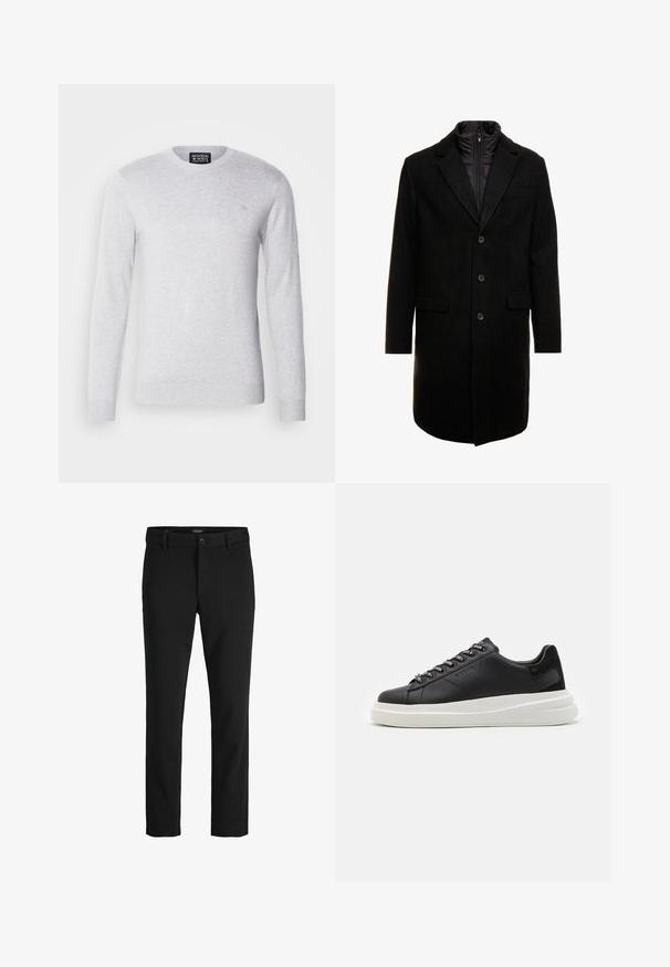 Sort uldblandings frakk med et elegant design, der har et indbygget isoleret inderlag, tre knapper og to forlommer.; Lys grå striktrøje med lange ærmer, rund halsudskæring og et lille logo broderet på brystet. Blød tekstur, afslappet design.; Sorte bukser lavet af glat stof, med et klassisk design, lige snit, frontknaplukning og sidelommer.; Sort lædersneaker med en hvid gummisål, der har flade snørebånd og branded øjer. Blød tekstur med en kontrasterende sideaccent.