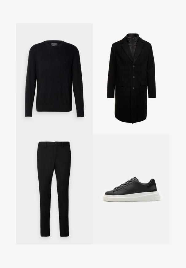Schwarzer Wollmischung-Übermantel mit sleekem Design, ausgestattet mit einer herausnehmbaren isolierten Innenschicht, drei Knöpfen und zwei Fronttaschen.; Schwarzer Strickpullover mit Rundhalsausschnitt, langen Ärmeln und gerippten Bündchen. Mit dezentem Logo auf der Brust. Weiche Stofftextur.; Drei langärmelige Rollkragenpullover in Dunkelgrau, Weiß und Schwarz. Aus weichem Stoff mit geripptem Rollkragen-Design und taillierten Ärmeln.; Schwarze Slim-Fit-Hosen mit Gürtelschlaufen, Vorderknopf und Reißverschluss, auf einem schlichten hellen Hintergrund präsentiert.; Schwarze Ledersneaker mit einer weißen Gummisohle, ausgestattet mit flachen Schnürsenkeln und markierten Ösen. Weiche Textur mit einem kontrastierenden Seitenakzent.