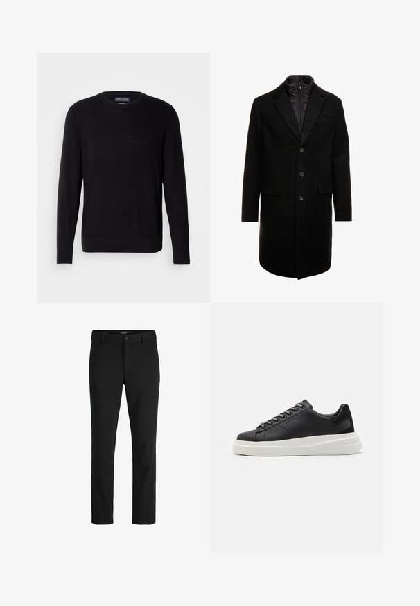Schwarzer Wollmischung-Übermantel mit sleekem Design, ausgestattet mit einer herausnehmbaren isolierten Innenschicht, drei Knöpfen und zwei Fronttaschen.; Schwarzer Strickpullover mit Rundhalsausschnitt, langen Ärmeln und gerippten Bündchen. Mit dezentem Logo auf der Brust. Weiche Stofftextur.; Schwarze Hosen aus glattem Stoff, mit klassischem Design, geradem Schnitt, vorderer Knopfverschluss und seitlichen Taschen.; Schwarze Ledersneaker mit einer weißen Gummisohle, ausgestattet mit flachen Schnürsenkeln und markierten Ösen. Weiche Textur mit einem kontrastierenden Seitenakzent.