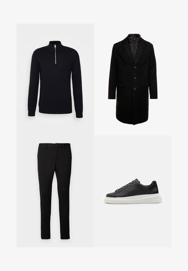 Schwarzer Wollmischung-Übermantel mit sleekem Design, ausgestattet mit einer herausnehmbaren isolierten Innenschicht, drei Knöpfen und zwei Fronttaschen.; Only & Sons SWYLER LIFE LS HALF ZIP NOOS - Strickpullover - black; Schwarze Slim-Fit-Hosen mit Gürtelschlaufen, Vorderknopf und Reißverschluss, auf einem schlichten hellen Hintergrund präsentiert.; Schwarze Ledersneaker mit einer weißen Gummisohle, ausgestattet mit flachen Schnürsenkeln und markierten Ösen. Weiche Textur mit einem kontrastierenden Seitenakzent.