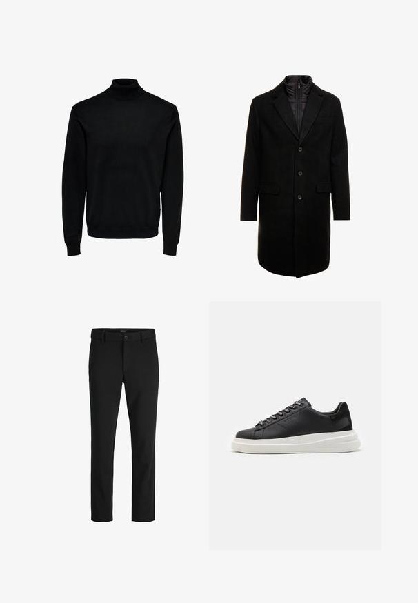 Palton dintr-un amestec de lână negru, cu un design elegant, având un strat interior izolat care se poate atașa cu fermoar, trei butoane și două buzunare frontale.; Pulover cu guler înalt negru, realizat dintr-un material moale, are mâneci lungi, manșete și tiv striate, cu un design de guler mulat și textură netedă.; Pantaloni negri dintr-un material sleek, cu un design clasic, croială dreaptă, închidere frontală cu nasture și buzunare laterale.; Sneaker din piele neagră cu o talpă din cauciuc alb, cu șireturi plate și eyelets marcate. Textură moale cu un accent lateral contrastant.