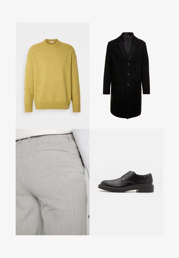 Fekete gyapjú keverékből készült overál, letisztult dizájnnal, cipzárral ellátott szigetelt belső réteggel, három gombbal és két elülső zsebből.; Sárga kötött pulóver kerek nyakkal, bordázott mandzsettákkal és szegéllyel. Az alsó bal oldalon egy kis címke található. Puha tapintású és laza fazonú.; Világosszürke, texturált anyagból készült szabott nadrág, egyetlen hátsó zsebbel és tiszta varrással.; Fekete bőrcipő, kerek orrú, sima felületű, minimális varrással és alacsony gumitalppal. Logó a sarokrészen.