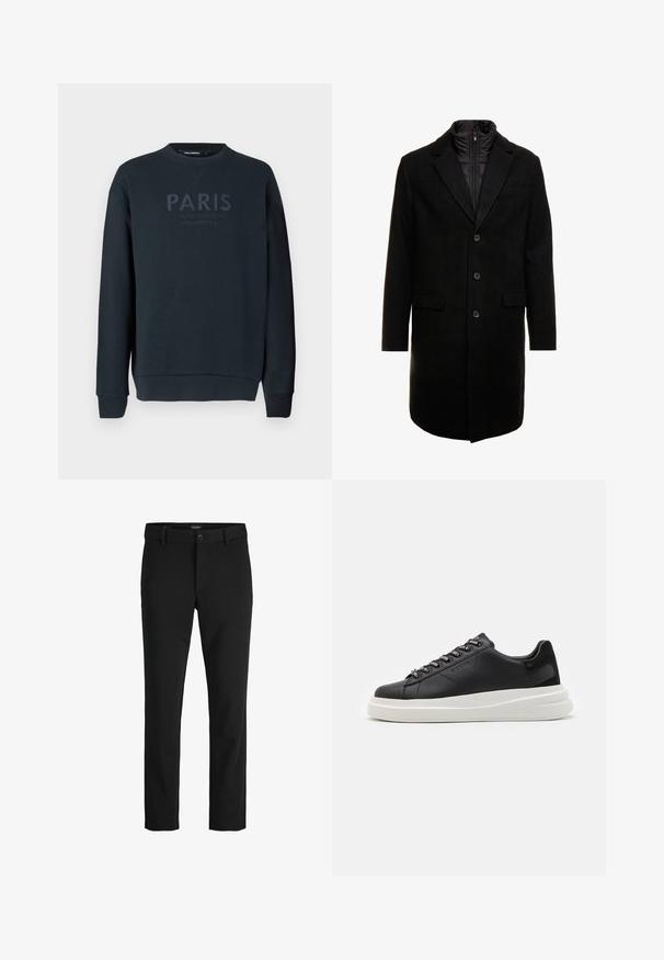 Cappotto lungo in misto lana nero dal design elegante, con uno strato interno isolato rimovibile, tre bottoni e due tasche frontali.; Felpa blu navy scuro realizzata in morbido cotone, con scollo rotondo, maniche lunghe e testo in rilievo con la scritta "PARIS" sul davanti.; Pantaloni neri realizzati in un tessuto elegante, con un design classico, taglio dritto, chiusura frontale con bottone e tasche laterali.; Sneaker in pelle nera con suola in gomma bianca, dotato di lacci piatti e occhielli brandizzati. Texture morbida con un accento laterale a contrasto.