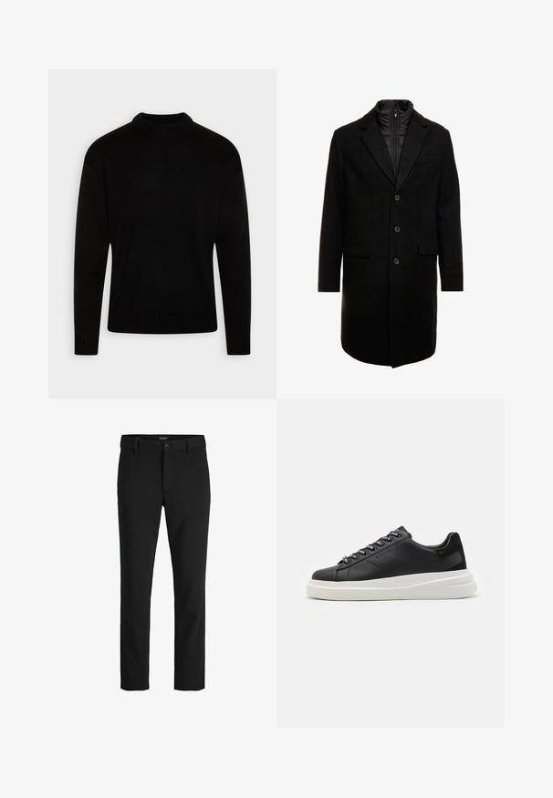Črn volnen mešani plašč s sleek oblikovanjem, ki vključuje notranjo plast z izolacijo, tri gumbe in dva sprednja žepa.; Črn pleten pulover z visokim rebrastim vratnim izrezom. Dolgi rokavi ter rebrasti manšeti in spodnji del. Gladka tekstura s preprostim, klasičnim dizajnom.; Črne hlače iz gladkega blaga, s klasičnim dizajnom, ravnim krojem, sprednjim gumbom za zapiranje in stranskimi žepi.; Črne usnjene teniske z belim gumijastim podplatom, ki imajo ravne vezalke in blagovno znamko na ošitih luknjah. Mehka tekstura s kontrastnim stranskim poudarkom.