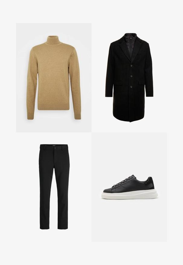 Črn volnen mešani plašč s sleek oblikovanjem, ki vključuje notranjo plast z izolacijo, tri gumbe in dva sprednja žepa.; Bež pulover s turtleneck iz mehkega pletenega materiala. Ima dolge rokave in prilegajočo se zasnovo. Ribana obroba in ovratnik.; Črne hlače iz gladkega blaga, s klasičnim dizajnom, ravnim krojem, sprednjim gumbom za zapiranje in stranskimi žepi.; Črne usnjene teniske z belim gumijastim podplatom, ki imajo ravne vezalke in blagovno znamko na ošitih luknjah. Mehka tekstura s kontrastnim stranskim poudarkom.