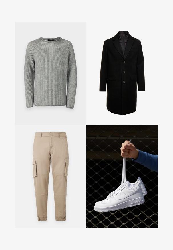 Schwarzer Wollmischung-Übermantel mit sleekem Design, ausgestattet mit einer herausnehmbaren isolierten Innenschicht, drei Knöpfen und zwei Fronttaschen.; Grau gerippter Pullover mit langen Ärmeln, rundem Ausschnitt und strukturiertem Stoff. Verfügt über einen sauberen Abschluss an den Kanten und eine lockere Passform.; Beige Cargo-Hosen aus leichtem Baumwollmaterial. Mit elastischen Bündchen, mehreren Seitentaschen und einem Knopfverschluss.; Weiße Leder-Sneaker mit Perforationen, runder Zehenpartie, flacher Sohle und dicken Schnürsenkeln, mit sichtbar eingesticktem Swoosh-Logo und "AIR" an der Ferse.